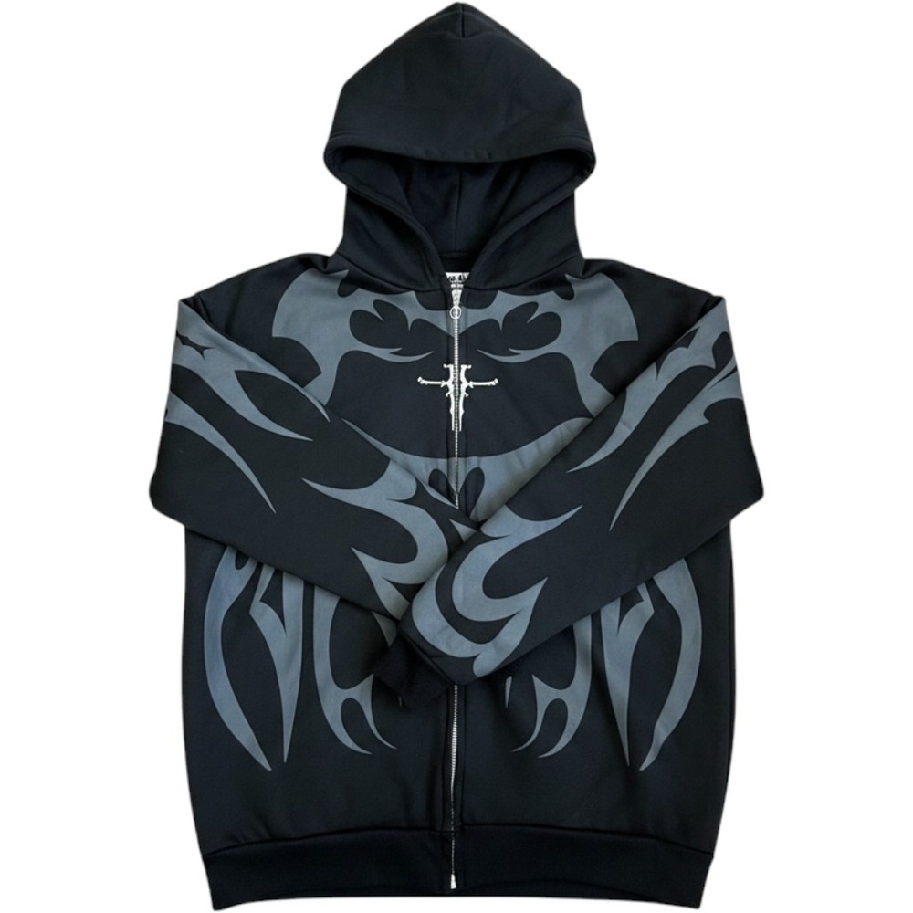 Depth Tribal Graphic Full Zip Hoodie Mens Medium Black Grey Y2K Streetwear Cyber